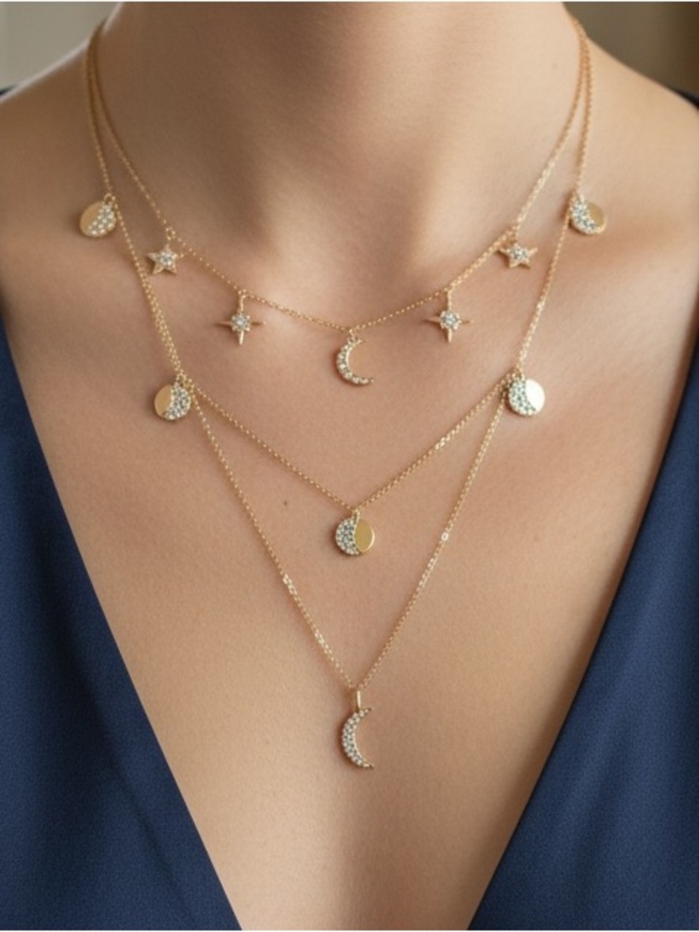 Boho Moon Phases Layered Star Diamond Necklace - Picture 2 of 5